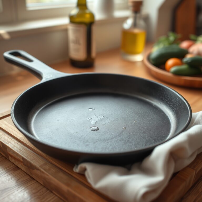 cast iron cooking — A seasoned cast iron skillet on a wooden board with cooking oil and kitchen cloth nearby.