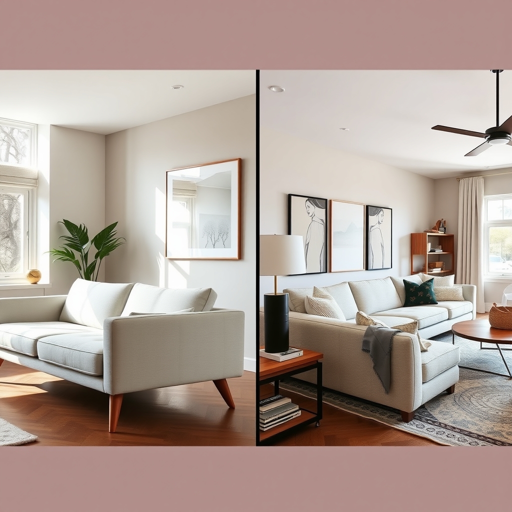 Castlery furniture review — Split-screen comparison of two mid-century modern living rooms with different design aesthetics and furniture styles.
