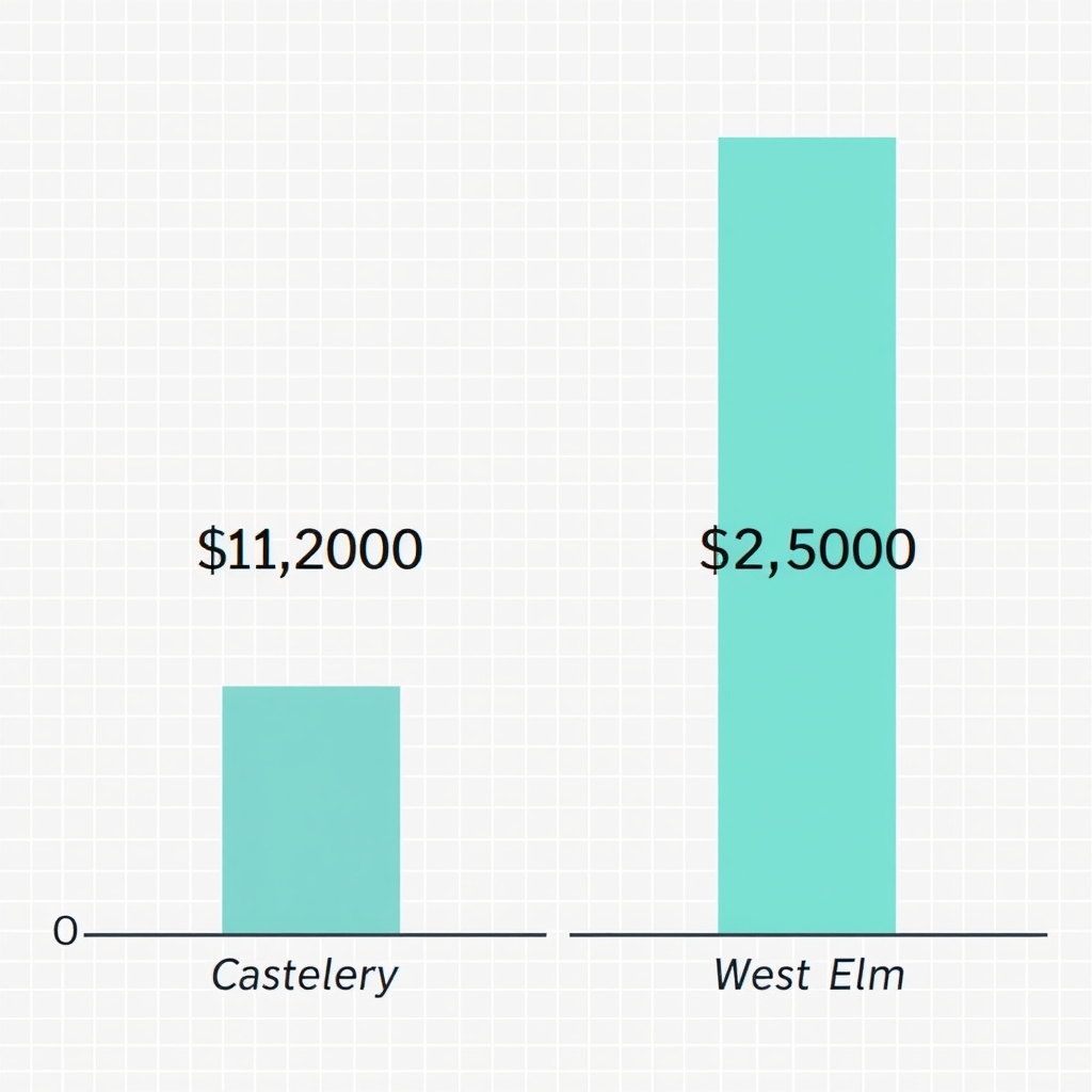 Castlery vs West Elm — Bar chart comparing price ranges: Castlery sofas up to $1,200, West Elm sofas up to $2,500.
