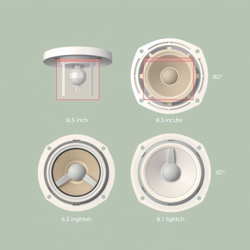 ceiling speakers — Comparison of four ceiling speaker types showing relative woofer size and installation depth.