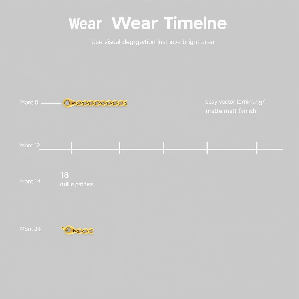 celebrity jewelry brands — Visual timeline of gold-plated chain wear from pristine at month 0 to heavily tarnished at month 24.