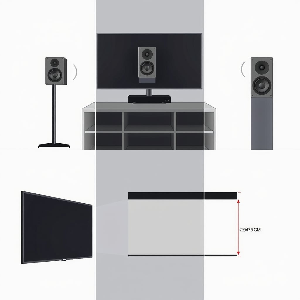 center channel speakers — Three placement configurations for center channel speaker showing above-TV, below-TV, and stand-mounted positions