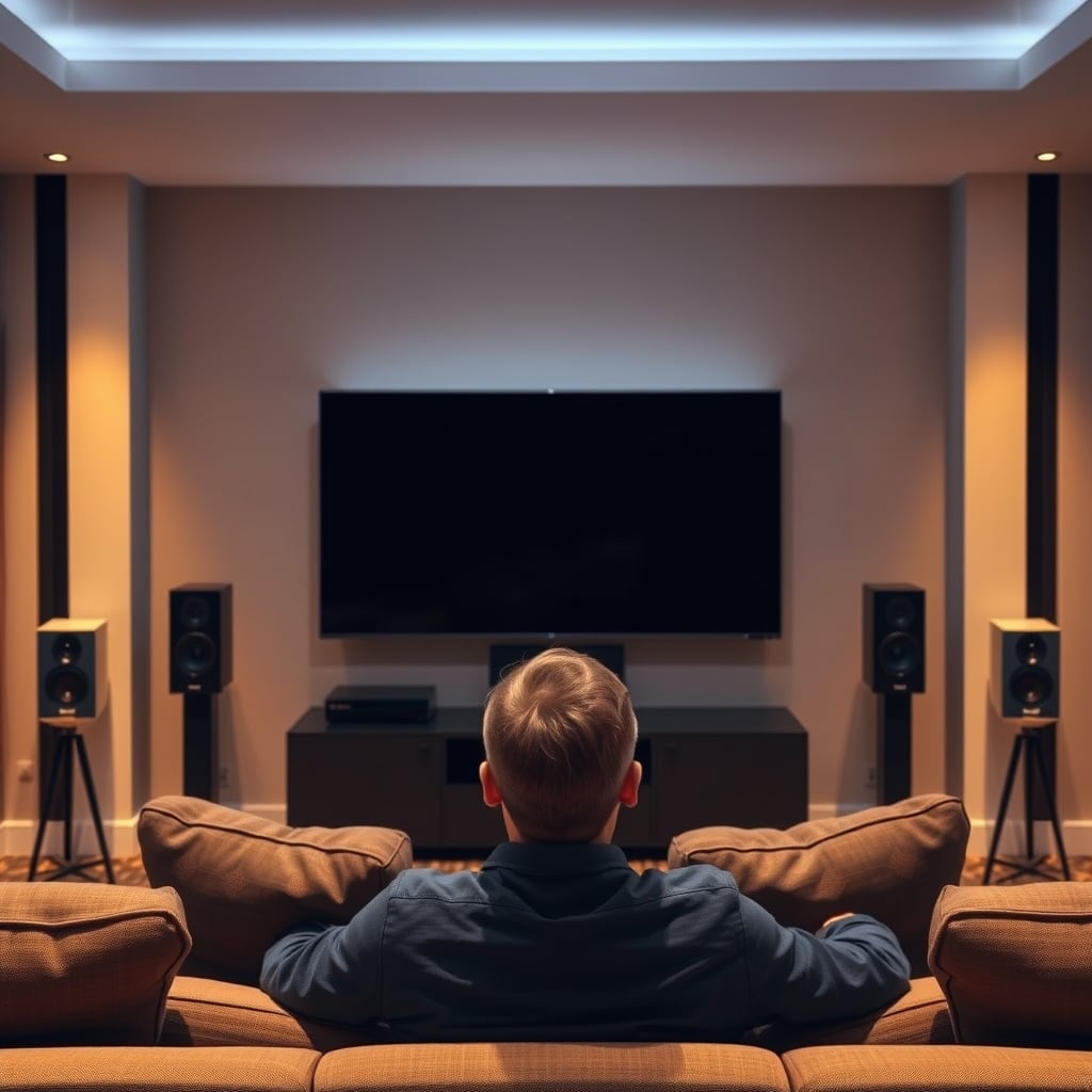 center channel — Home theater setup showing center channel speaker below TV with viewer perspective from seating area