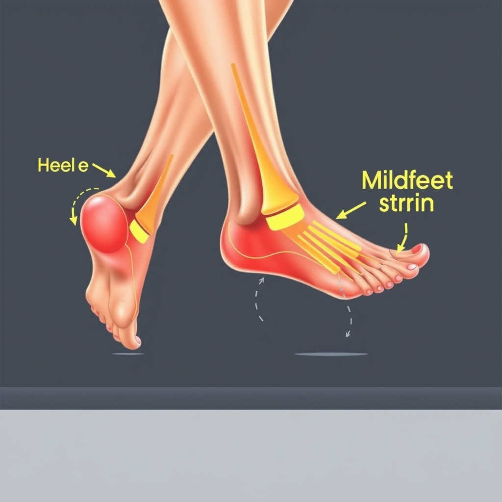 CFl minimalist shoes — Anatomical diagram illustrating the shift from heel strike to midfoot strike that occurs during CFl shoe adaptation.