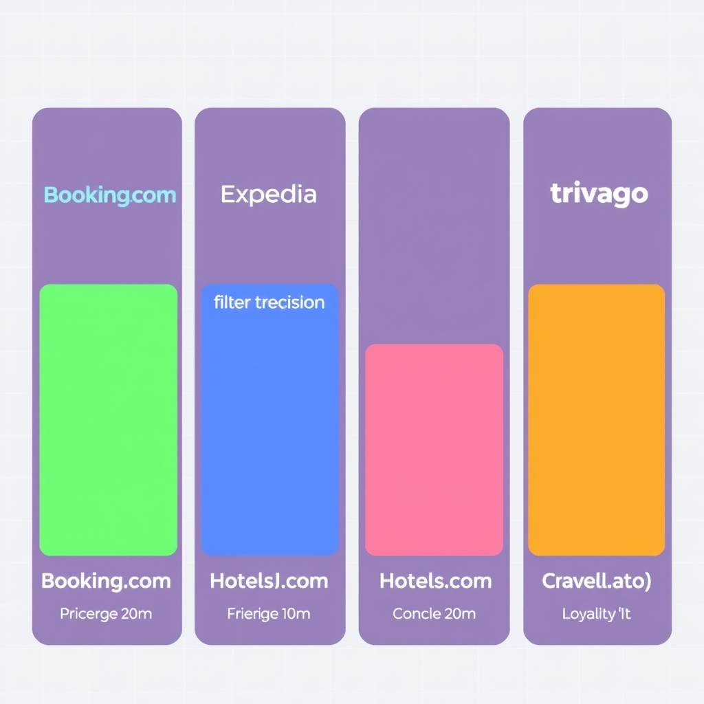 cheapest hotel booking — Comparative bar chart showing four hotel platforms with visual segments representing price match, filters, cancellation clarity, and loyalty features.