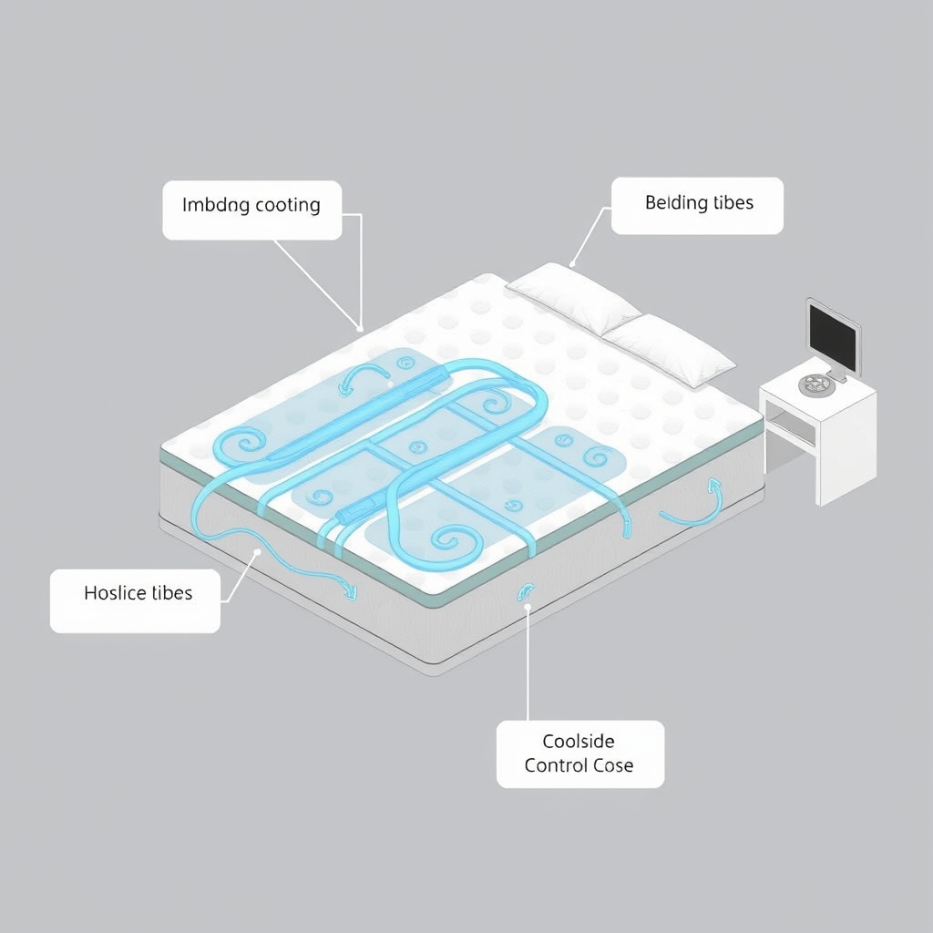 ChiliSleep Ooler review — Isometric cutaway of mattress pad showing internal water tubes connected to control cube.