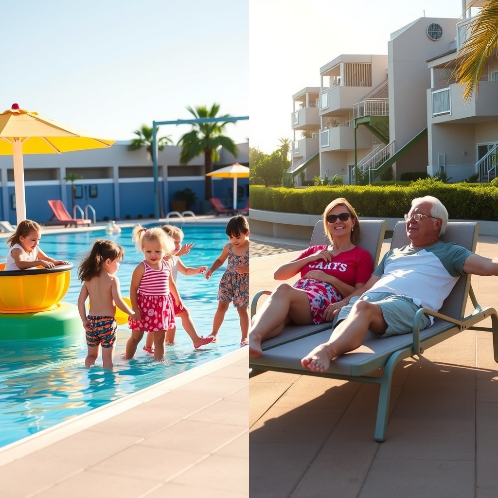 Club Med all-inclusive review — Split-screen comparison: active family with kids on the left, relaxing couple on the right, illustrating Club Med's target demographics.