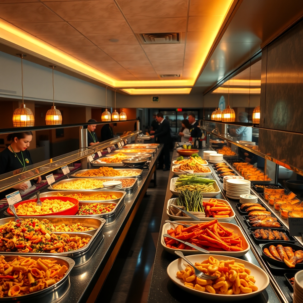 Club Med all-inclusive value — Well-lit buffet restaurant with multiple food stations displaying diverse meal options and attentive staff.