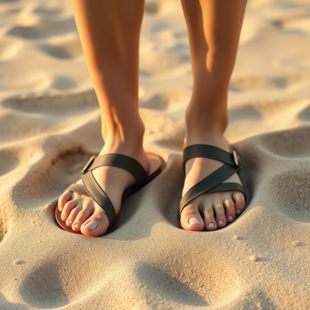 comfortable sandals wide — Person standing comfortably on beach sand wearing wide sandals, feet properly supported and centered.