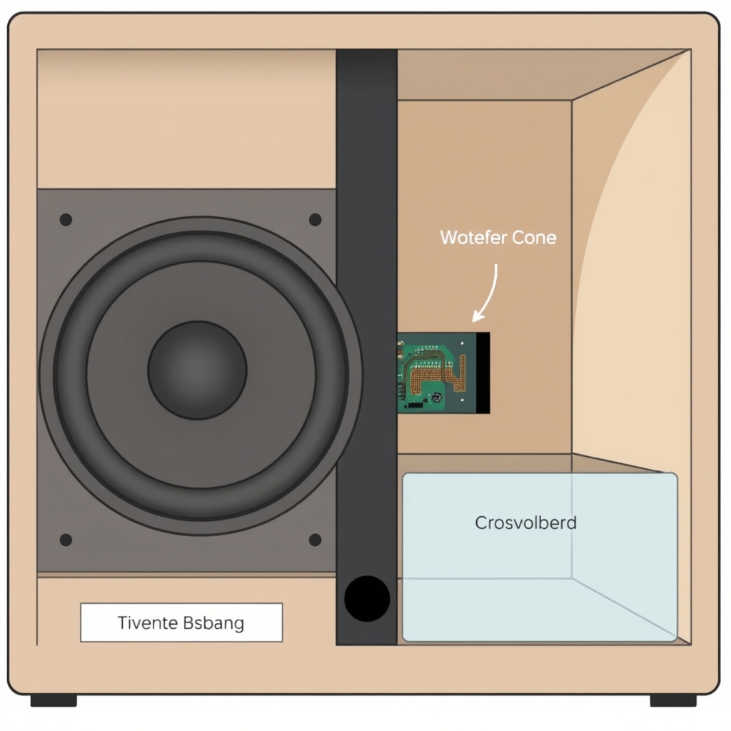 compact home speakers — Cross-section diagram of bookshelf speaker interior showing woofer, tweeter, crossover, and damping materials.