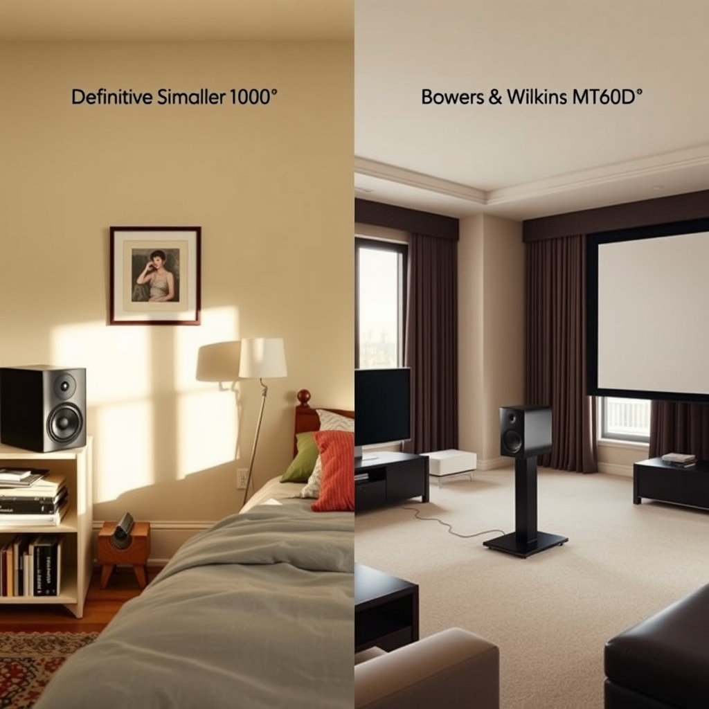compact speakers — Side-by-side comparison of a compact satellite speaker in a small bedroom and a larger speaker in a spacious home theater room.
