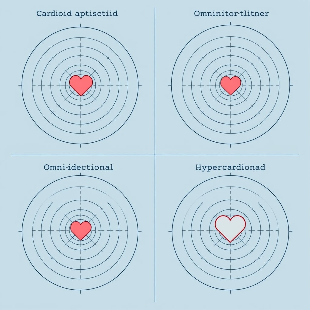 condenser vs dynamic — Four polar pattern diagrams showing cardioid, omnidirectional, bidirectional, and hypercardioid pickup zones.