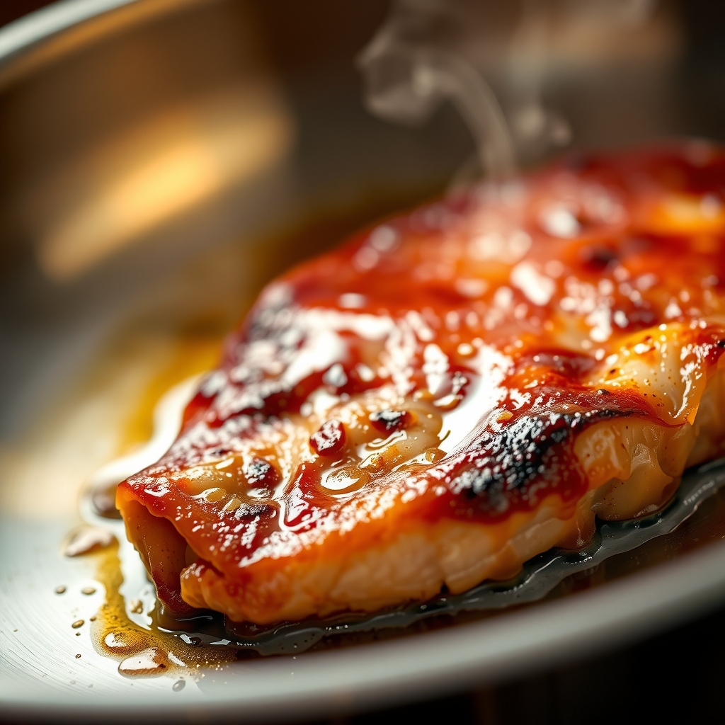 cookware comparison — Close-up of browned fond and caramelized crust forming in a stainless steel skillet.