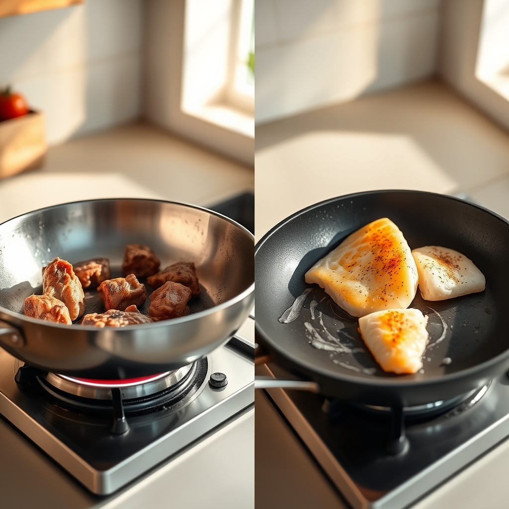 cookware set pieces — Side-by-side kitchen scenes comparing stainless steel skillet for searing meat versus non-stick skillet for delicate cooking.