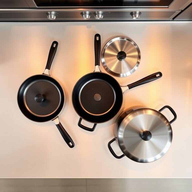 cookware set pieces — Overhead view of three essential cookware pieces arranged on a kitchen counter with lids, emphasizing minimalist cooking essentials.