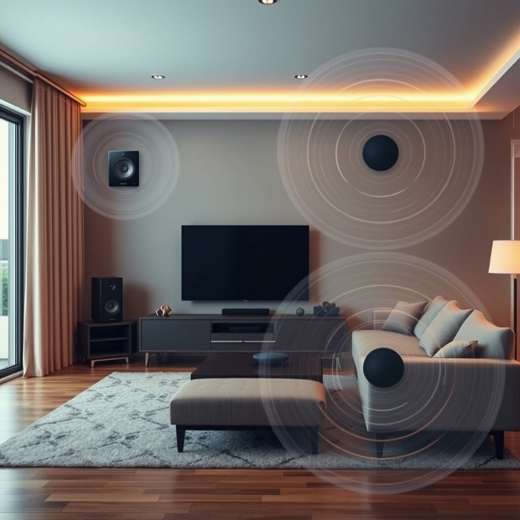 corner loading subwoofer — Living room interior showing subwoofer placement options visualized with overlapping positions and acoustic wave patterns.