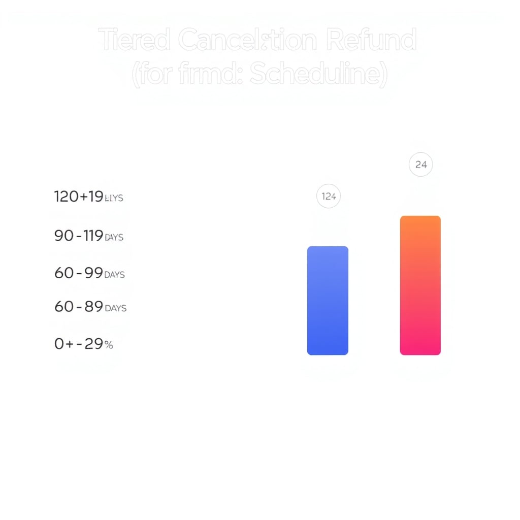 cruise booking deposits — Stacked bar chart showing declining refund percentages across four cruise cancellation windows before departure.