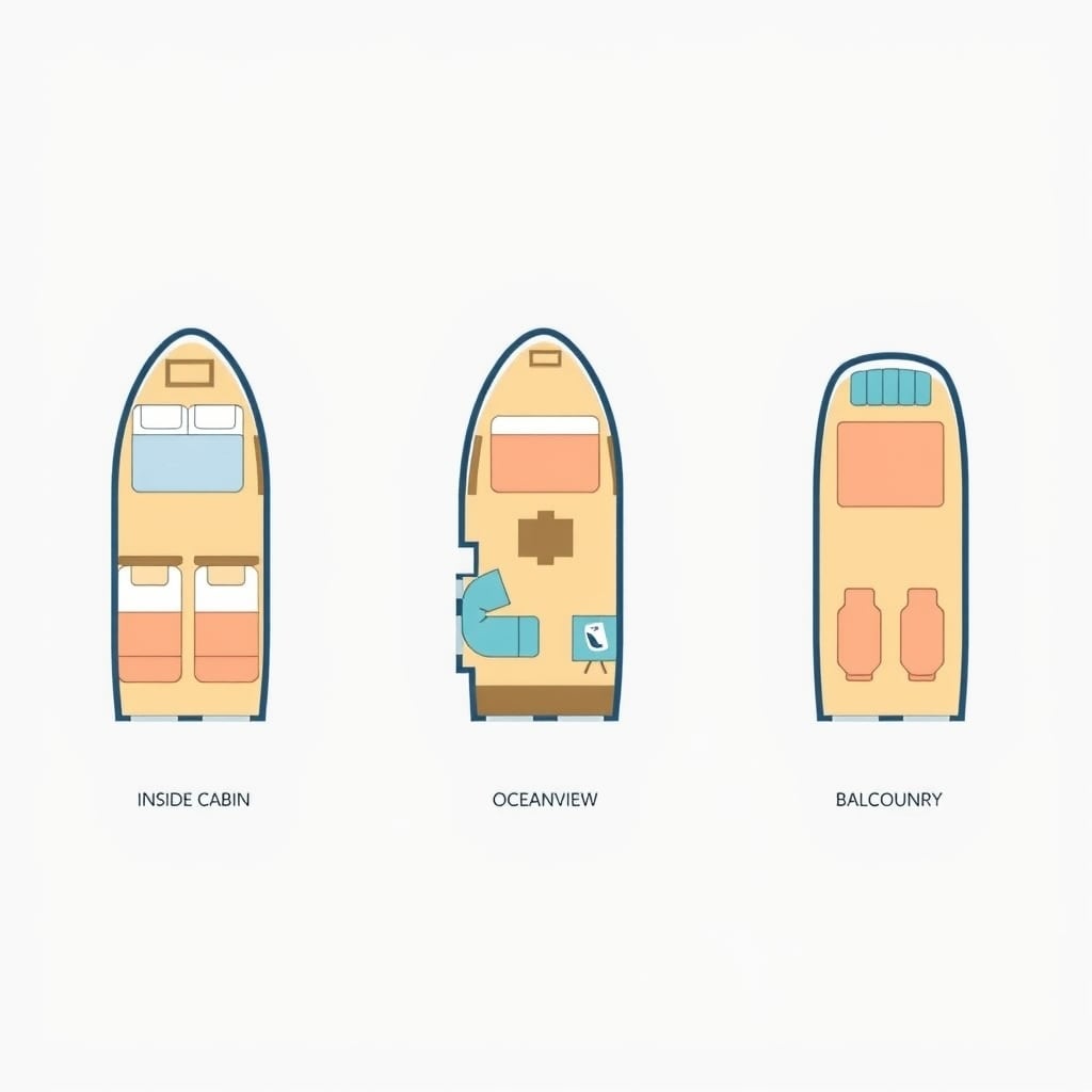 cruise cabin types explained — Three cabin floor plan comparisons showing increasing size and amenities from inside to oceanview to balcony cabin.