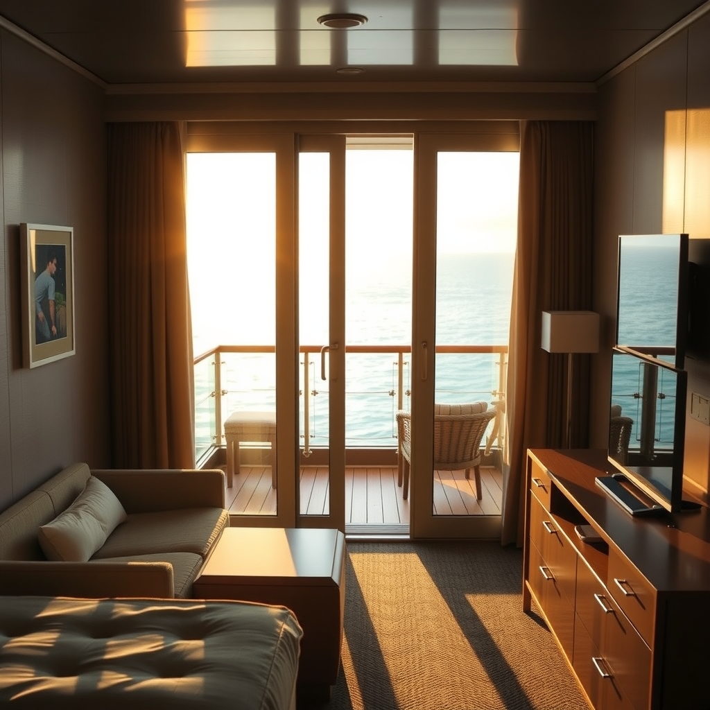 cruise refund policy — A modern cruise ship balcony cabin with glass doors open to a private balcony overlooking the ocean at sunrise.