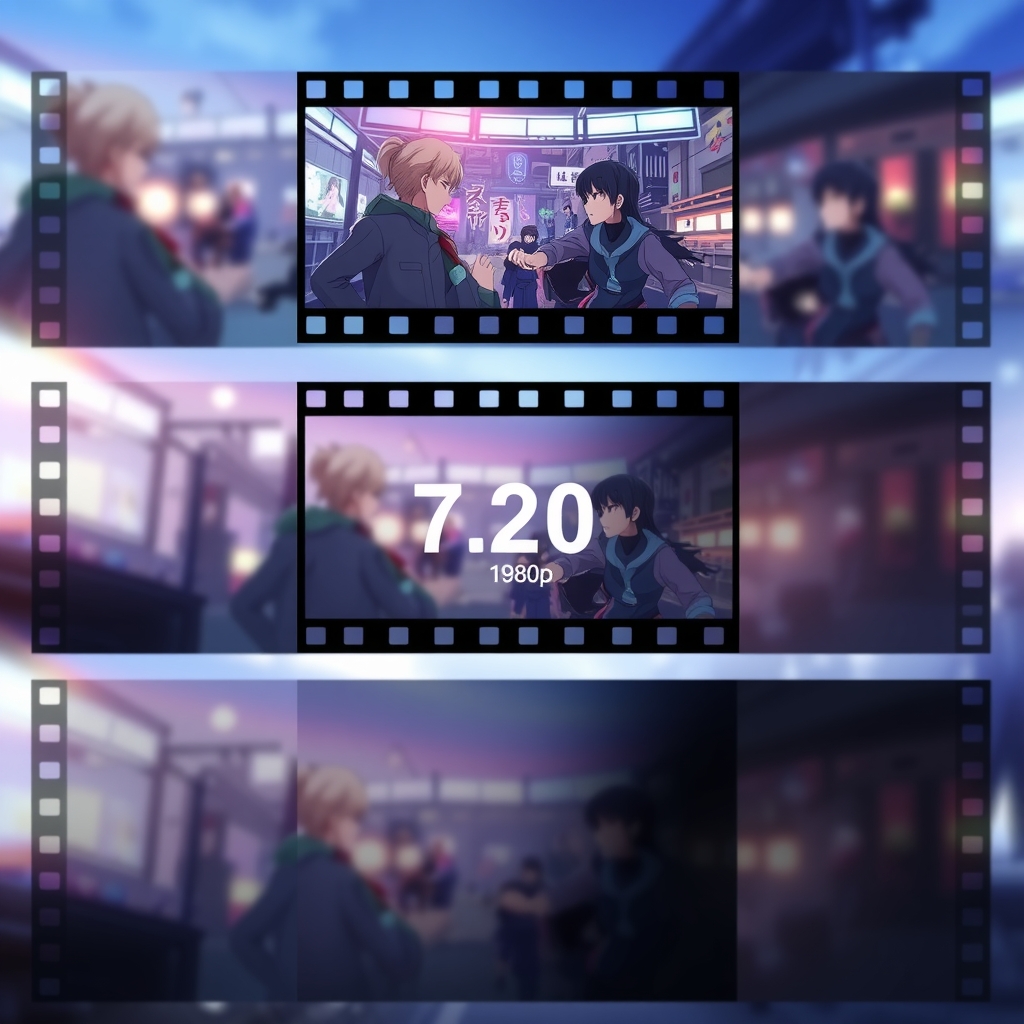 Crunchyroll vs free tier — Three stacked video frames showing progressive quality degradation from 1080p to 480p resolution