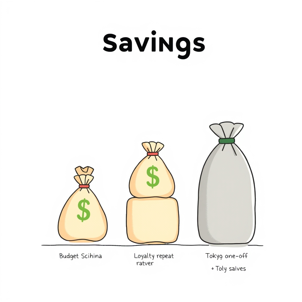 Ctrip review — Four savings scenarios shown as stacked bags of increasing size, illustrating when Ctrip saves money versus when it does not.