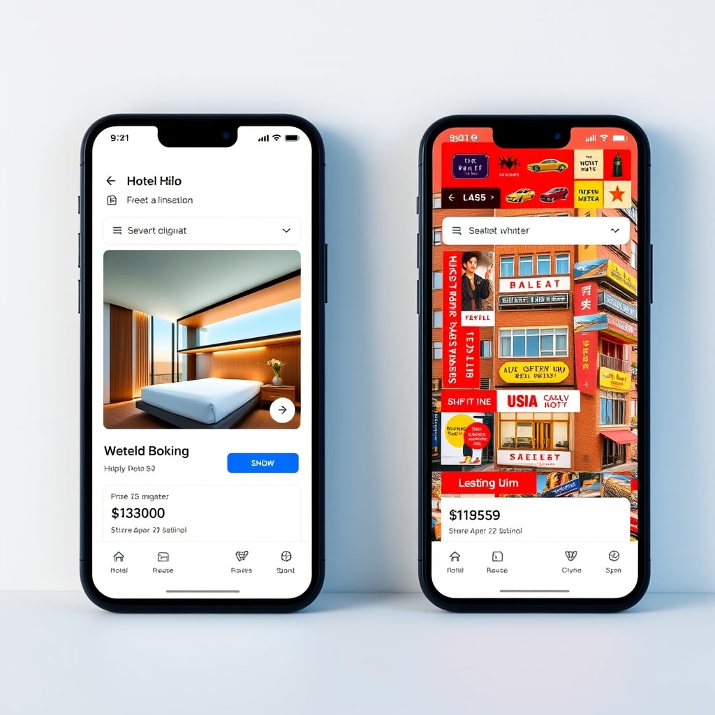 Ctrip review — Side-by-side comparison of a minimal Western booking app versus a feature-dense Asian travel app showing the same hotel at different prices.