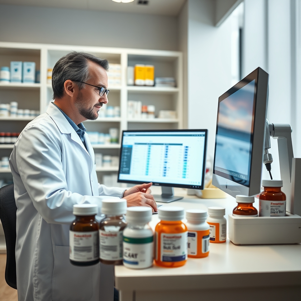 dangerous supplement combinations — Pharmacist reviewing medication and supplement bottles at a pharmacy desk with interaction-checking software visible on screen.