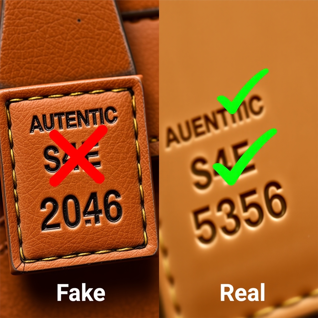 designer handbag authentication — Side-by-side comparison of authentic sharp serial stamp versus blurry counterfeit stamp.