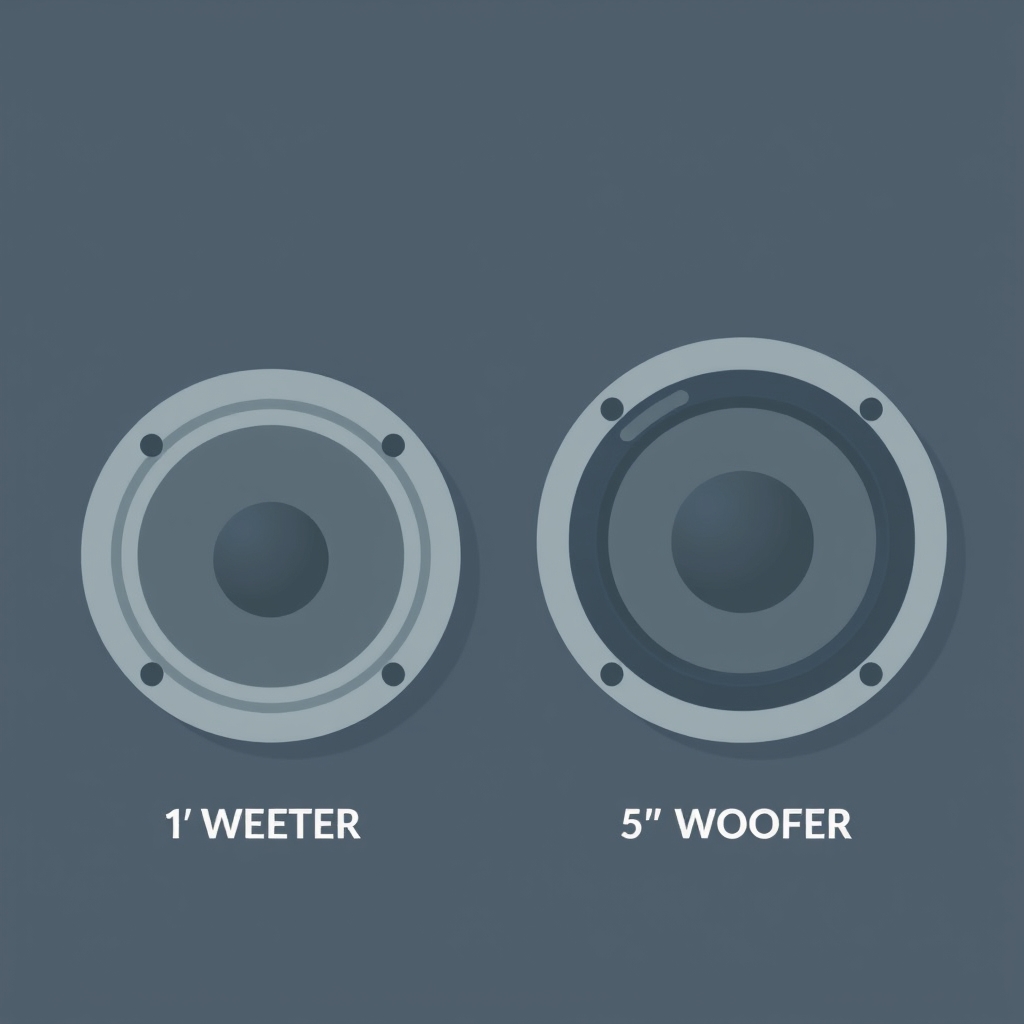 desk speakers — Vector diagram comparing five different speaker driver sizes from 1 inch to 5 inches in diameter.