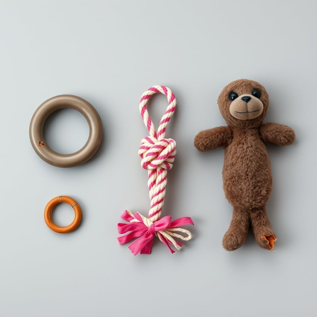 dog toy subscription services — Three dog toys displaying different levels of wear and durability damage