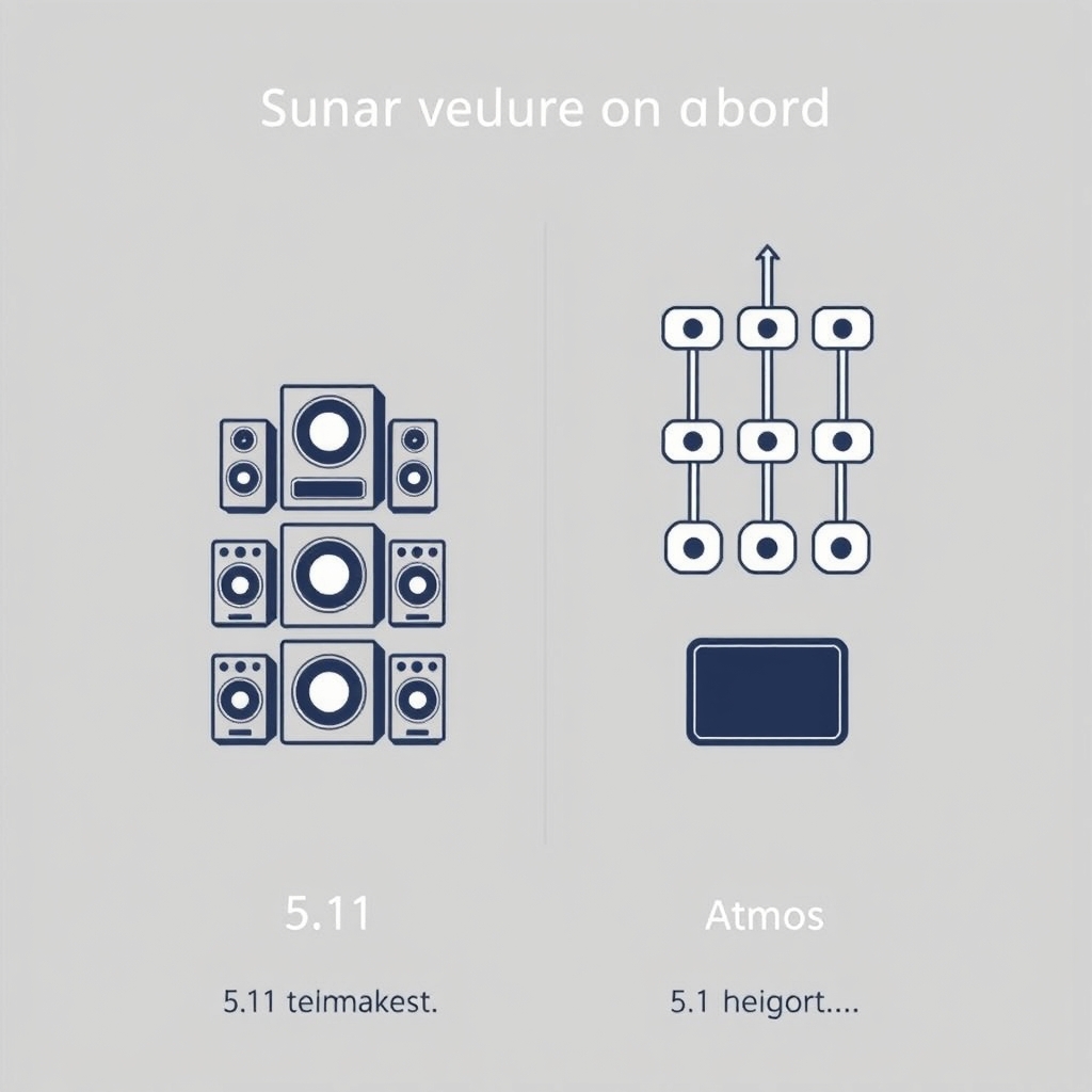Dolby Atmos setup — Three surround sound configurations showing speaker count and layout: 5.1, 7.1, and Atmos setups.