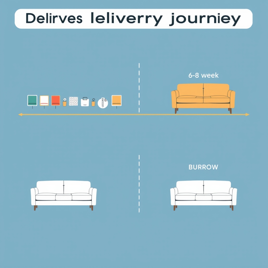 dream sofa vs burrow — Timeline comparison showing Dream Sofa's 6–8 week customization and assembly process versus Burrow's 1–2 week ready-to-use delivery.