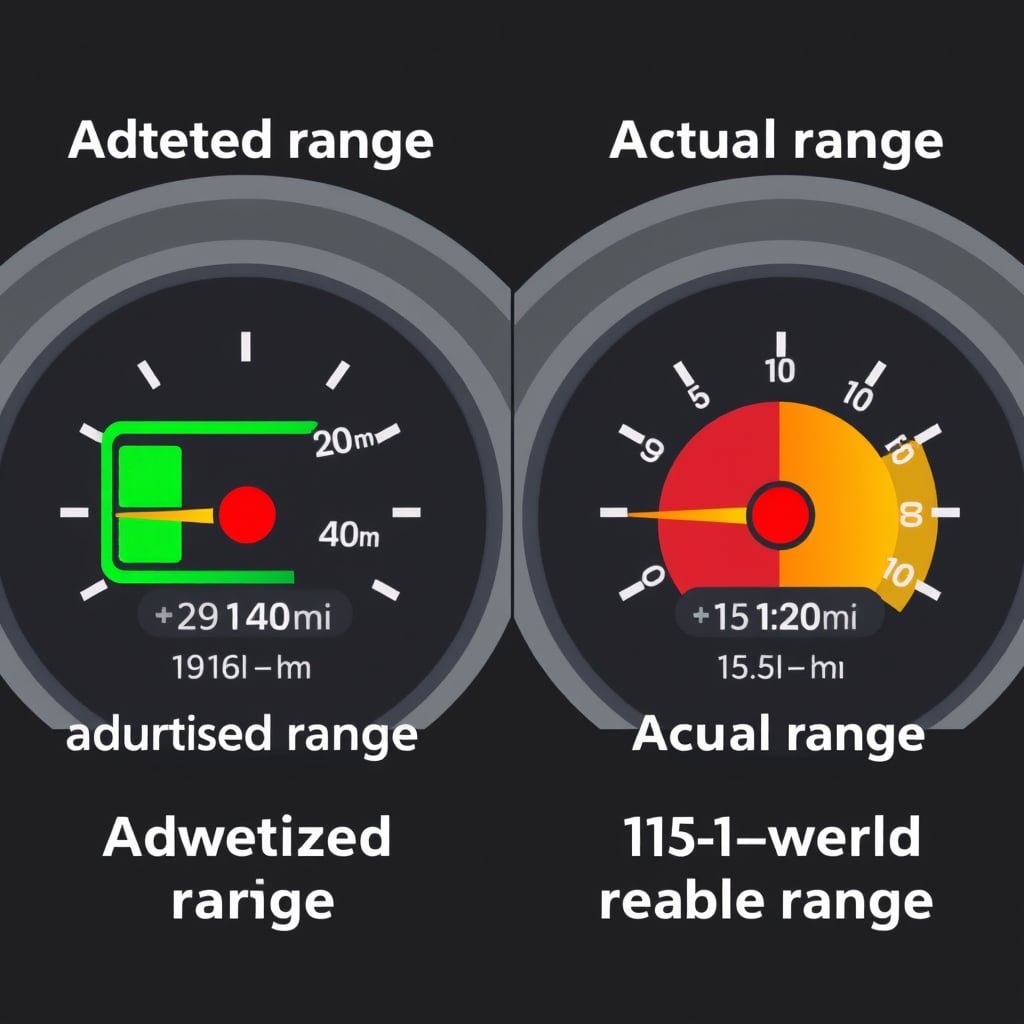 durable electric scooter — Visual comparison of advertised vs. real-world electric scooter range using battery gauge illustration.