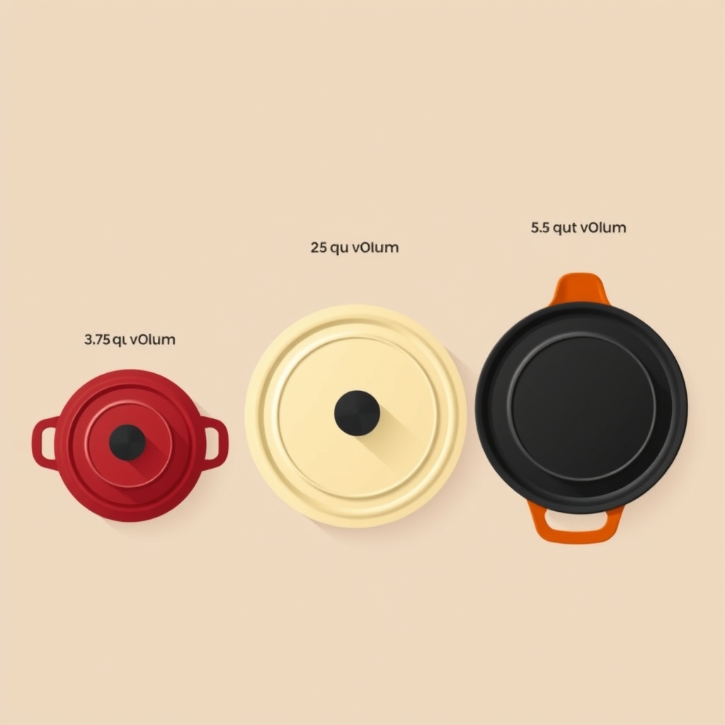dutch oven for braising — Top-down view of four Dutch ovens arranged by size from smallest (2-quart) to largest (6-quart), each in a different enamel color.