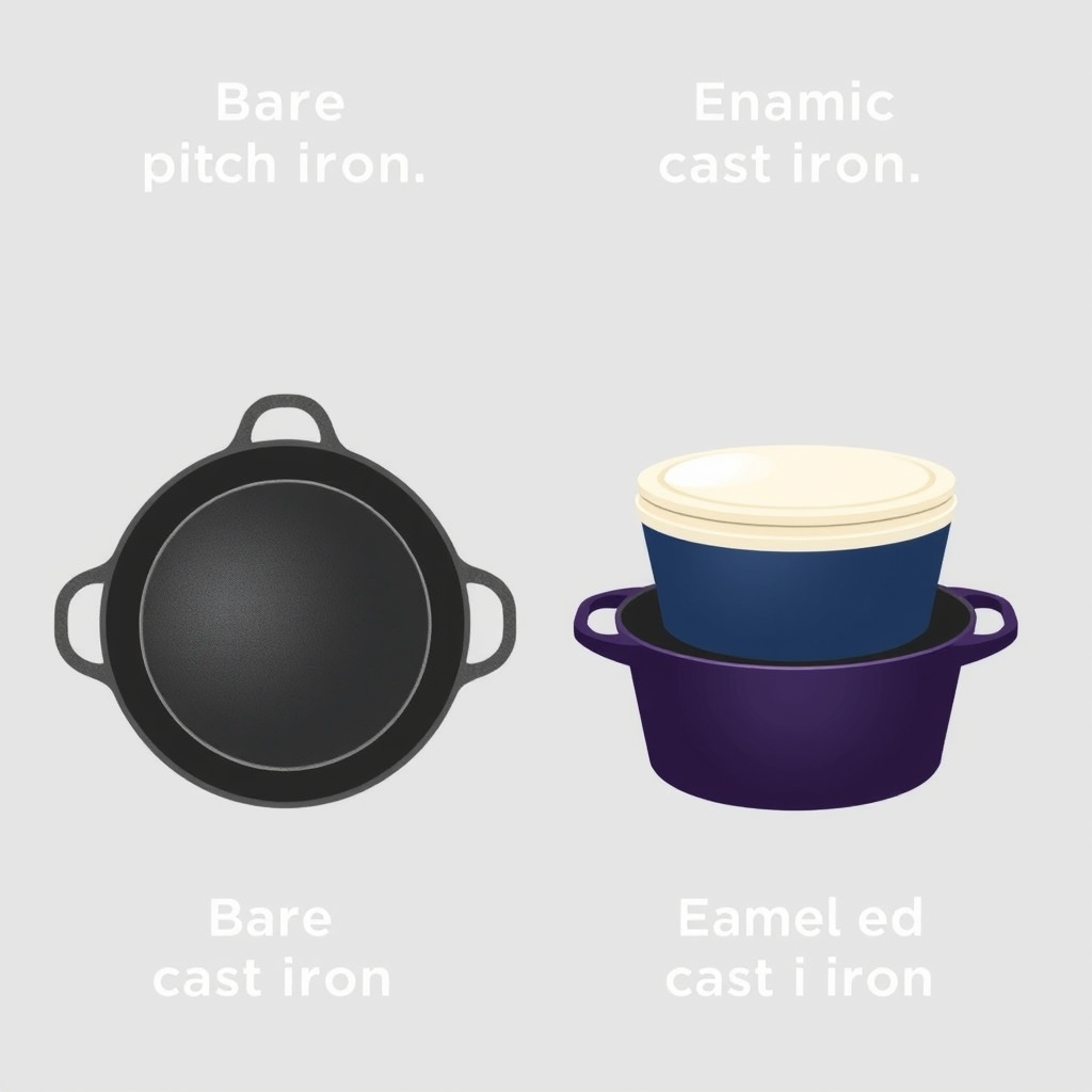 dutch oven size guide — Cross-section diagram comparing bare cast iron (left, dark matte surface) with enameled cast iron (right, white ceramic coating over iron base).