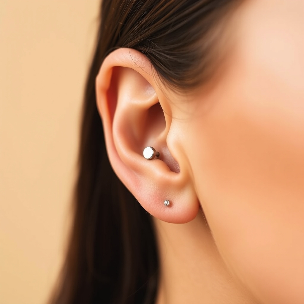 ear piercing starter jewelry — Close-up of a fresh earlobe piercing with a titanium starter stud earring, soft lighting and neutral background.