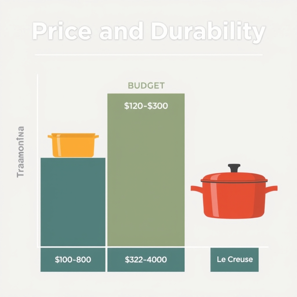 enameled dutch oven vs cast iron — Horizontal price-durability spectrum showing budget pots (narrow, light) progressing to premium pots (wider, darker) representing longer lifespan.