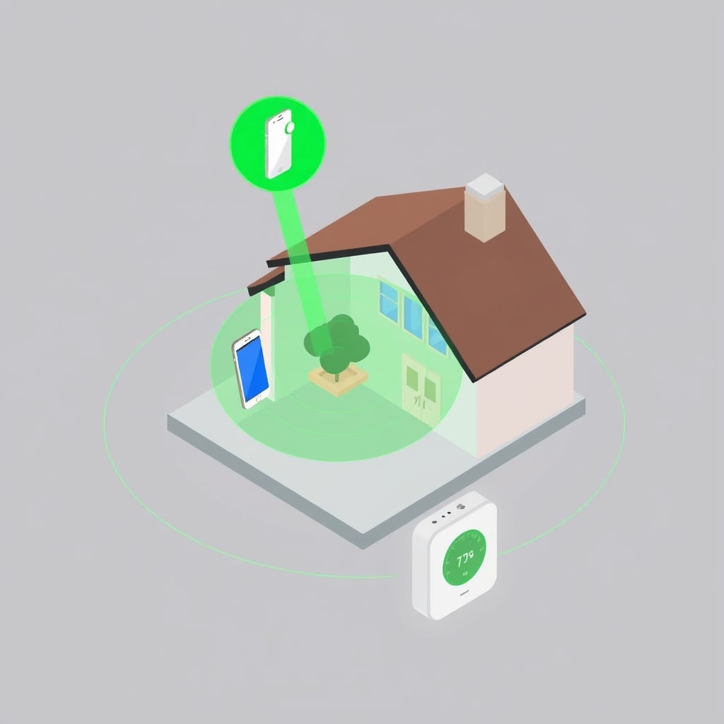 energy saving thermostat — Isometric home diagram showing geofencing zones and smartphone proximity detection for thermostat control.