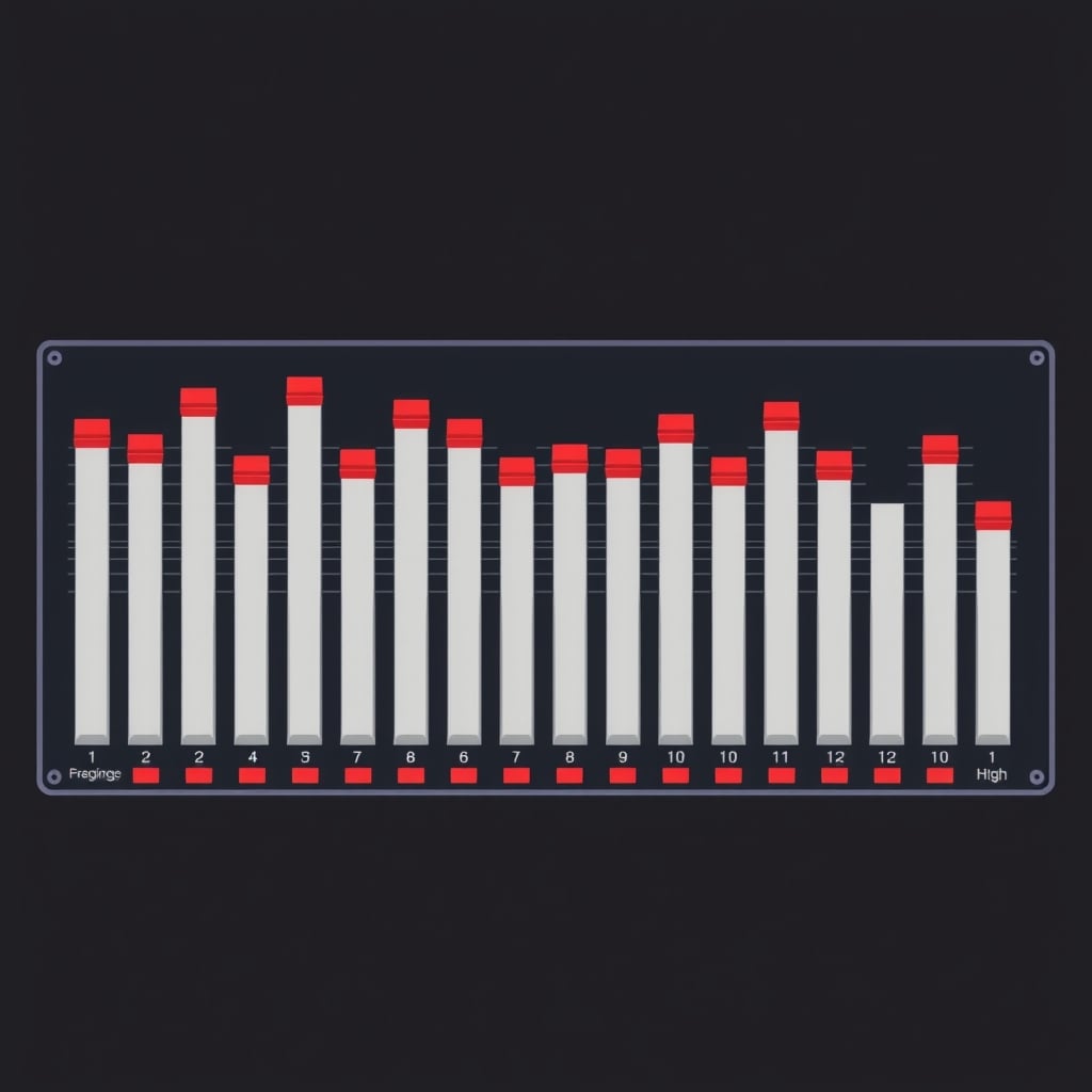equalizer — Front view of Behringer FBQ31-ES graphic equalizer showing 31 frequency faders at different heights.