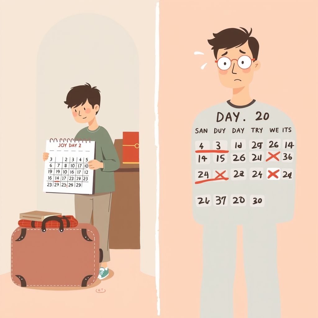 Extended Stay America review — Split-screen illustration comparing early departure frustration against extended-stay cancellation notice policies.