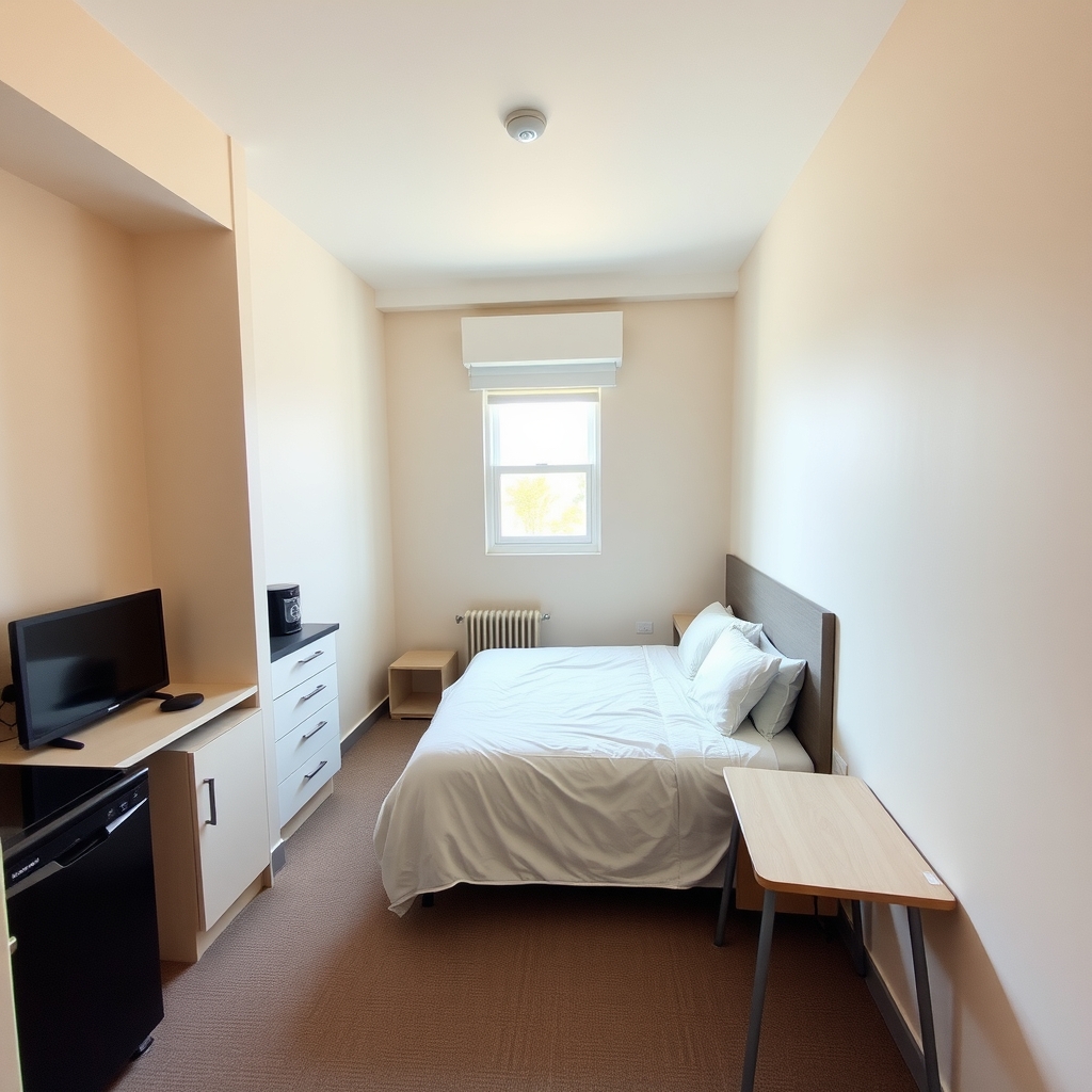 extended stay hotels — A compact furnished studio room with kitchenette, bed, and small desk showing typical extended-stay hotel layout.
