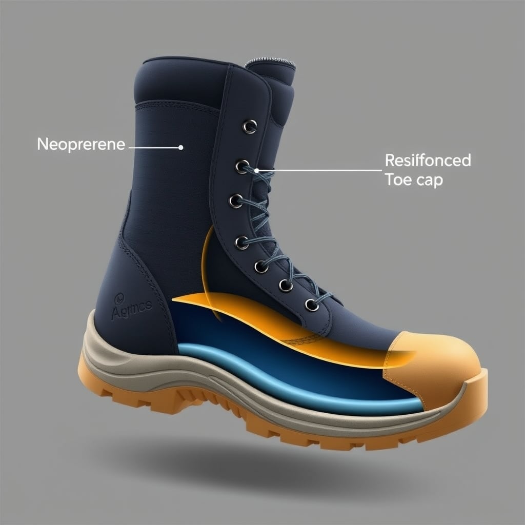 fishing boots women — Technical cross-section diagram of Xtratuf boot showing neoprene upper, rubber sole, and reinforced toe cap.