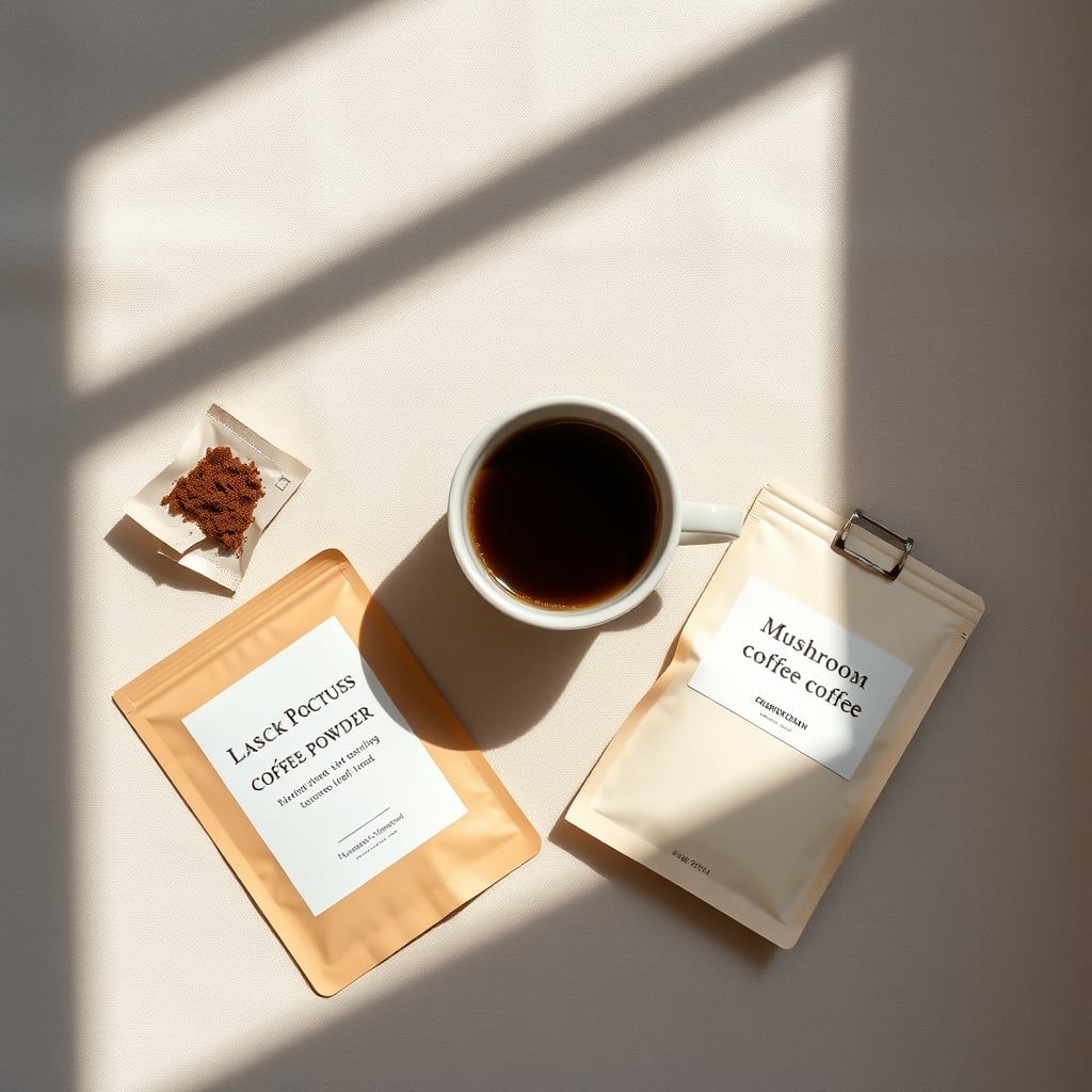 four sigmatic coffee review — Overhead view of Four Sigmatic mushroom coffee sachet, mug, and powder on neutral surface with morning light