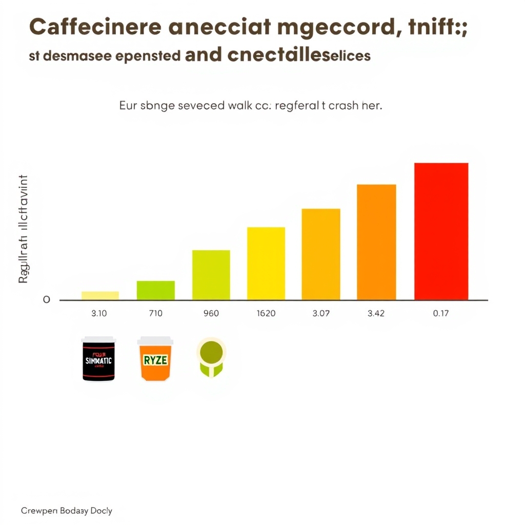 four sigmatic vs regular coffee — Visual comparison of caffeine content and crash risk across six coffee and tea beverages using bar length and color intensity