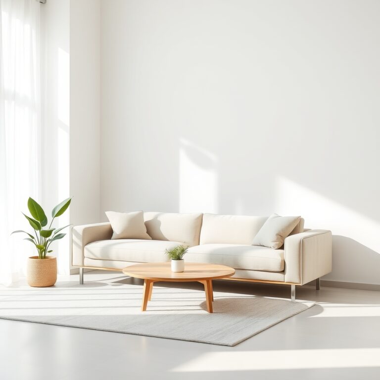furniture under $2000 — Minimalist living room featuring a neutral modern sofa, wooden table, and potted plant in natural light.
