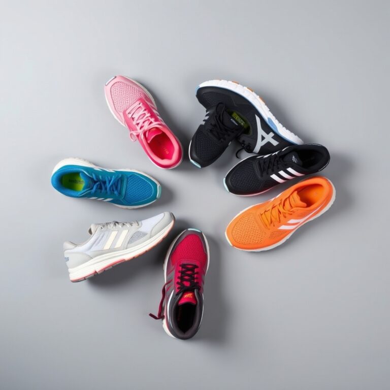 gait analysis shoes — Five running shoes in different styles and colors arranged on a gray surface, showing variety in cushioning and support.
