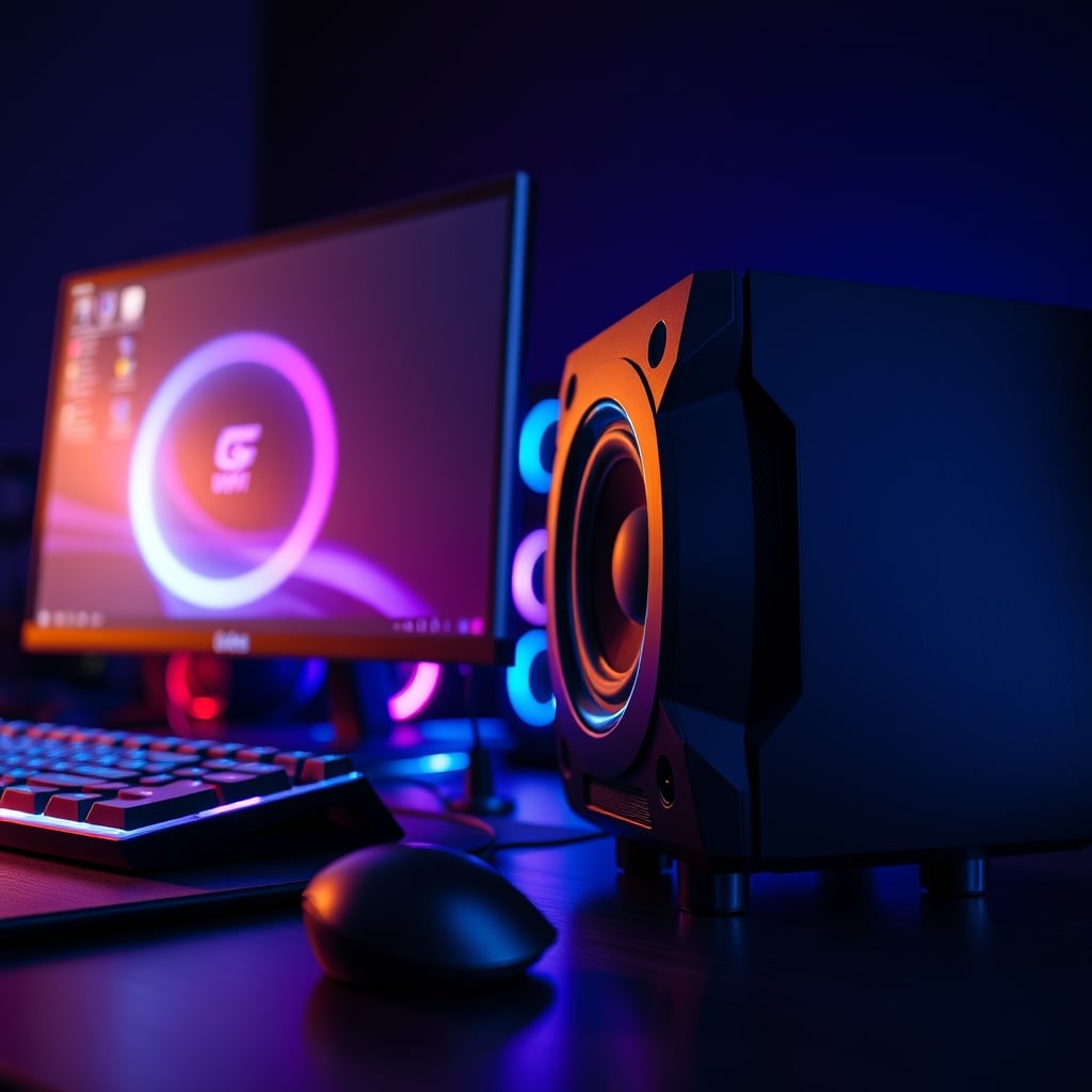 gaming desk speakers — RGB-lit gaming speakers on a desk with keyboard and monitor in background, neon blue and purple lighting.