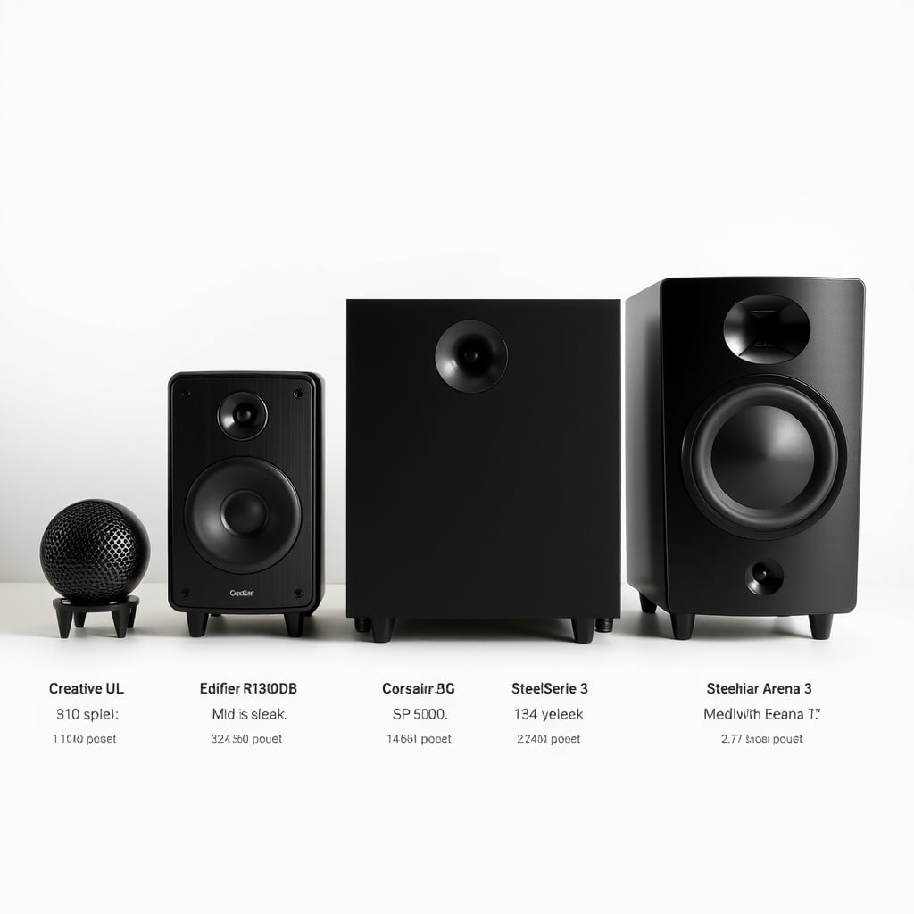 gaming PC speakers — Four gaming speakers arranged by relative size and form factor, from smallest compact pair to medium 2.1 systems.