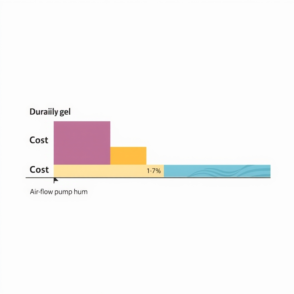 gel vs air flow mattress cooling — Visual comparison of gel versus air-flow cooling showing durability years, relative cost, and noise levels through bar length, color intensity, and texture.