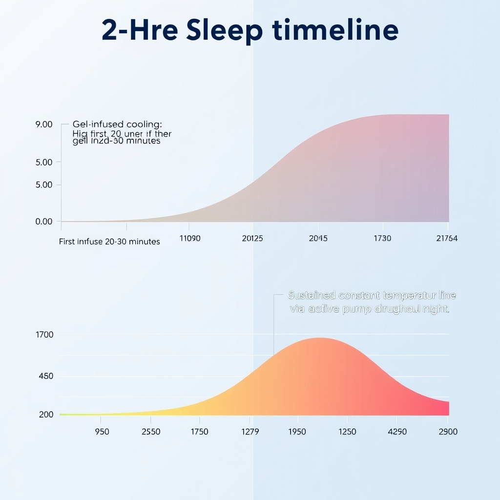 gel vs air flow mattress — Timeline showing gel cooling effectiveness declining after 30 minutes versus sustained air-flow cooling throughout the night.